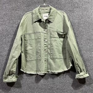 Kensie Jeans Trucker Jacket Womens M Olive Green Denim Cotton Stretch Frayed Hem